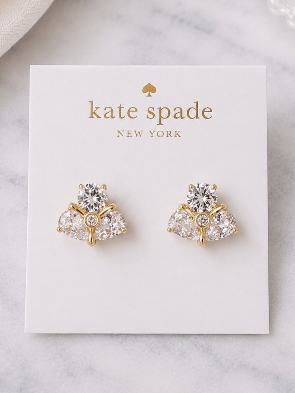 Kate Spade Crystal Bow Stud Earrings Gold Sparkling Bridal Statement Jewelry